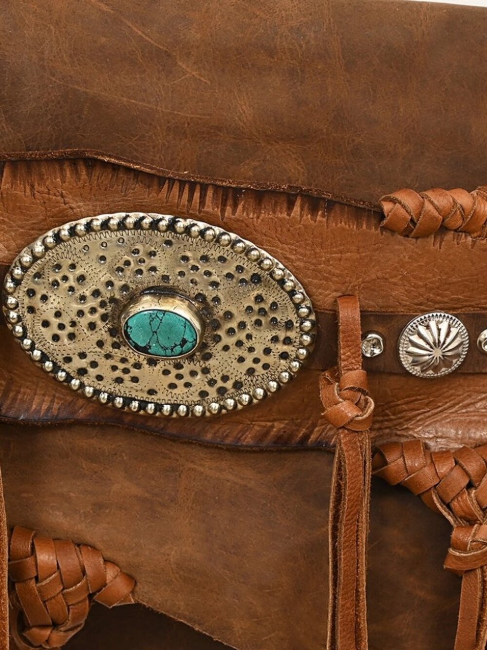 American Darling Western Fringe Crossbody Bag Braided Leather Concho&Turquoise - Picture 5 of 8